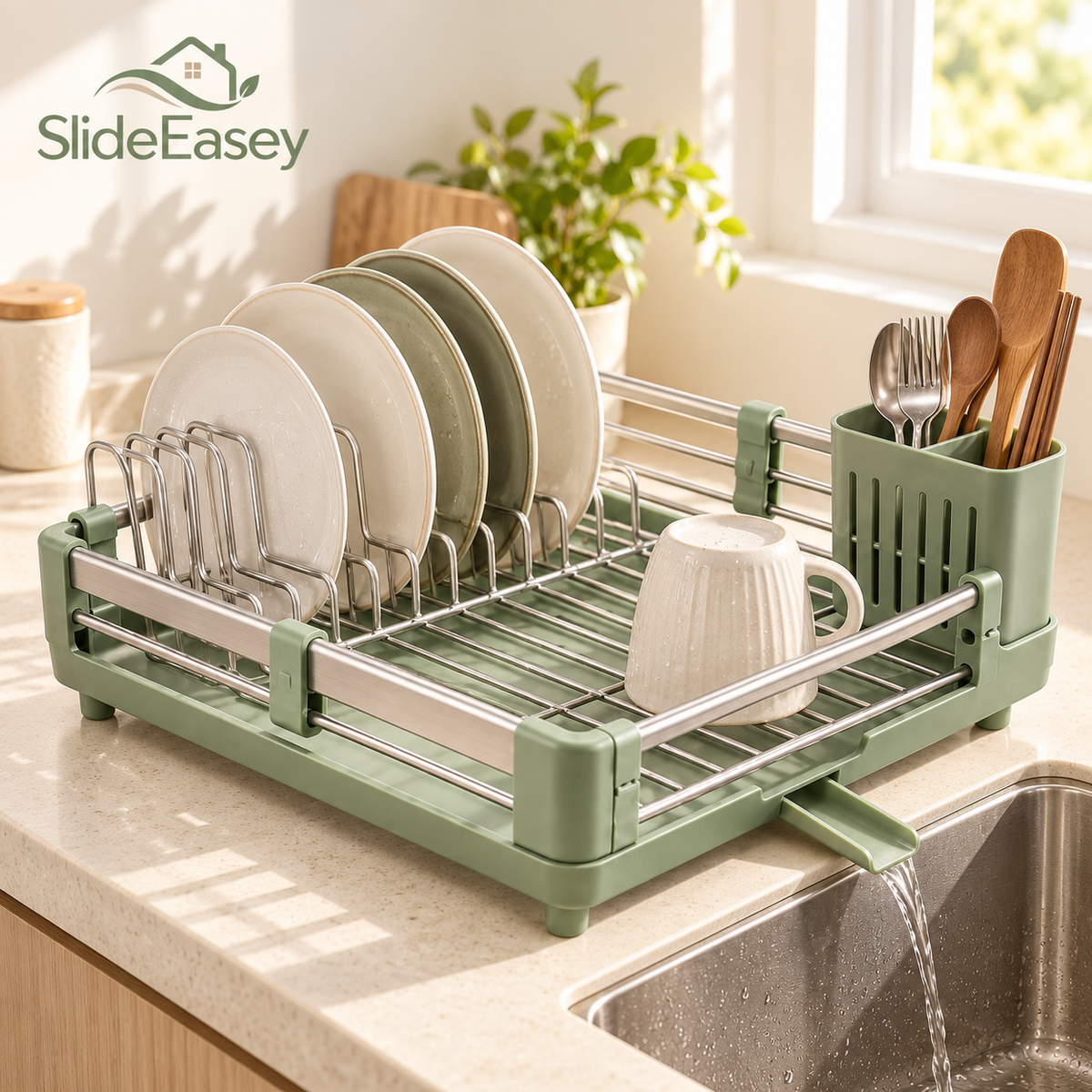 SlideEasey expandable dish drying rack beside a kitchen sink