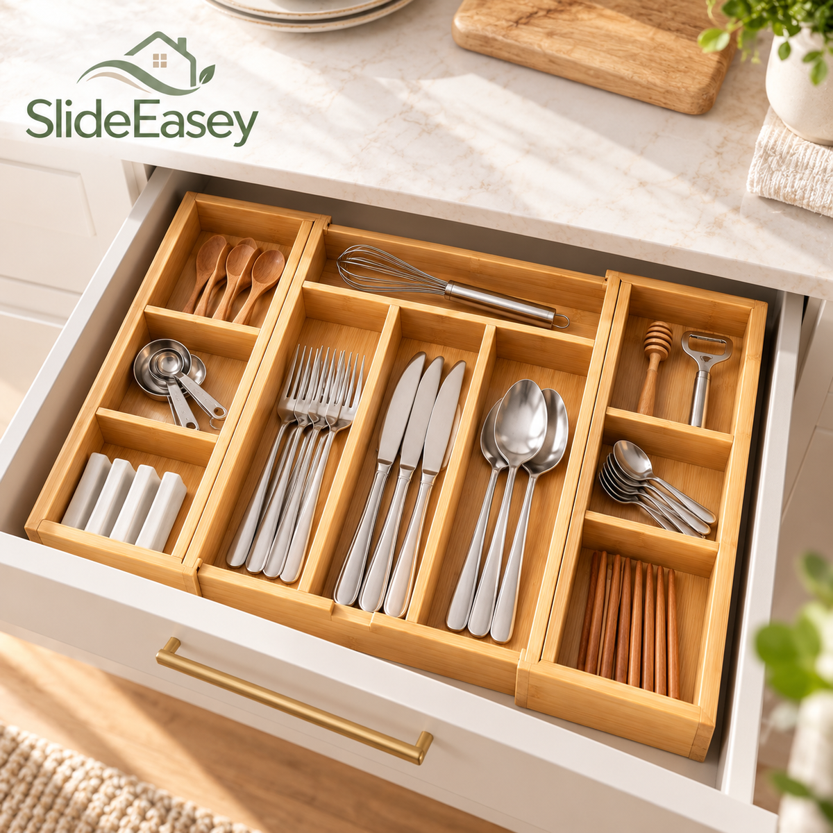 SlideEasey Expandable Bamboo Cutlery Drawer Organizer — product view 1