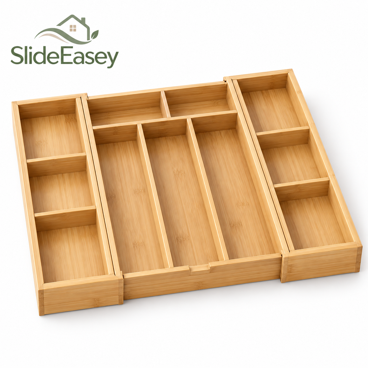 SlideEasey Expandable Bamboo Cutlery Drawer Organizer on white background