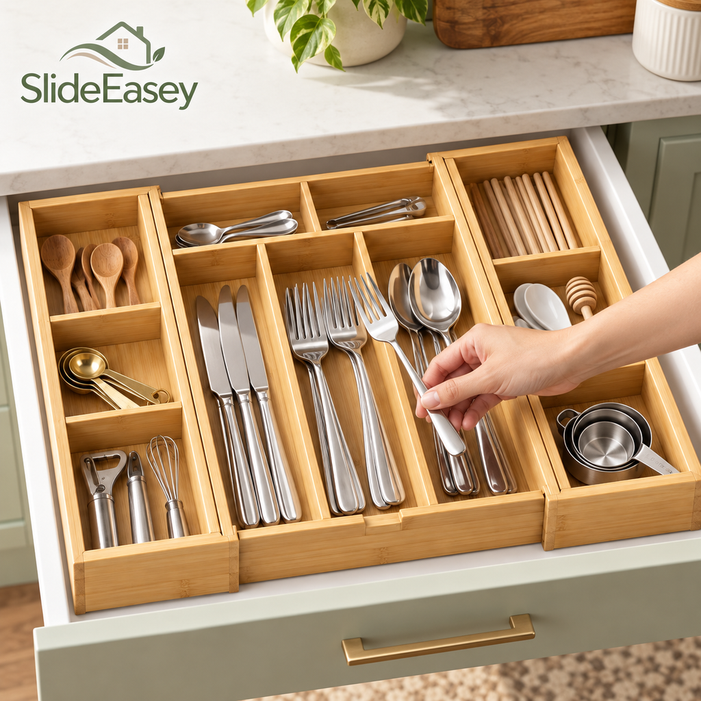 SlideEasey Expandable Bamboo Cutlery Drawer Organizer — product view 3