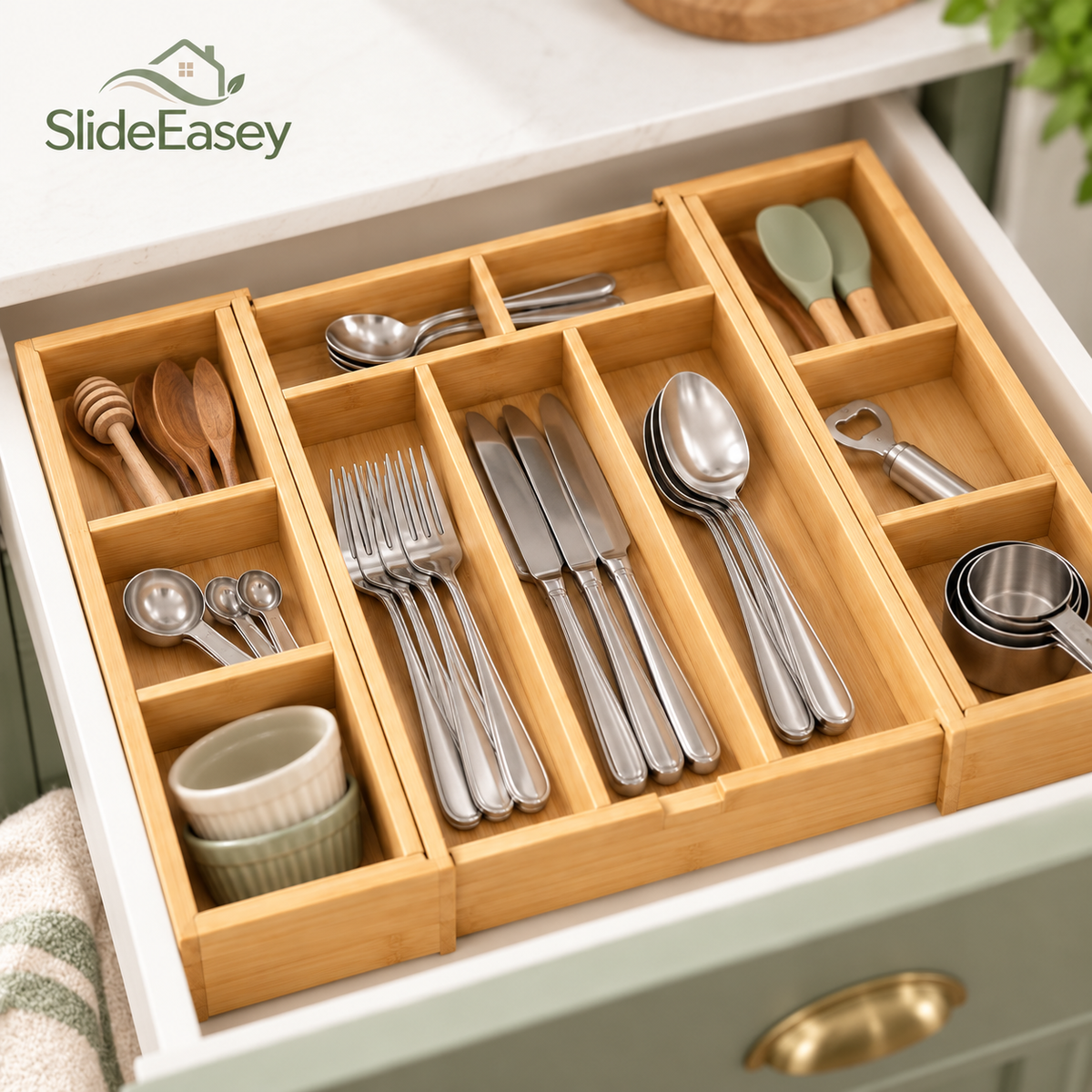 SlideEasey Expandable Bamboo Cutlery Drawer Organizer — product view 4