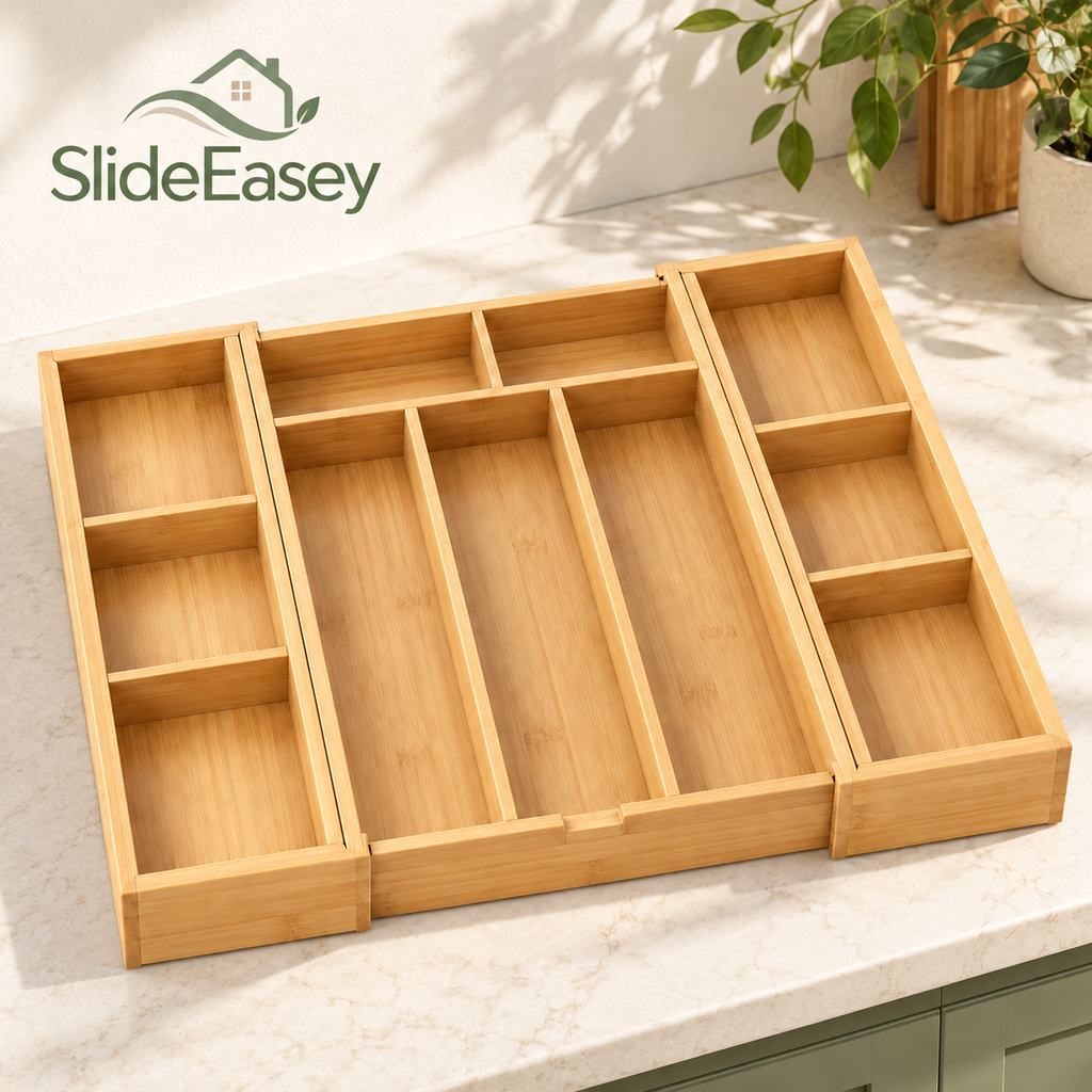 SlideEasey Expandable Bamboo Cutlery Drawer Organizer — complete product
