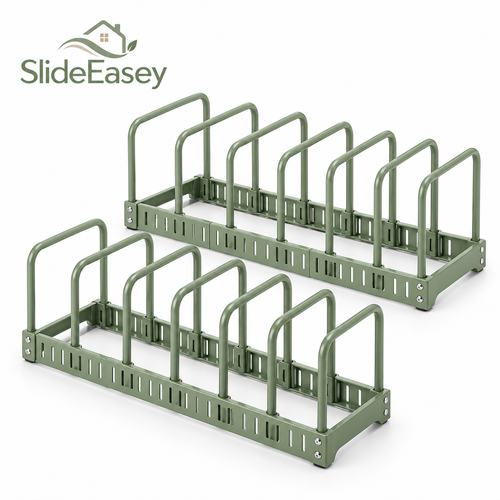 SlideEasey Adjustable Pot Lid & Bakeware Organizer — Set of 2 on white background