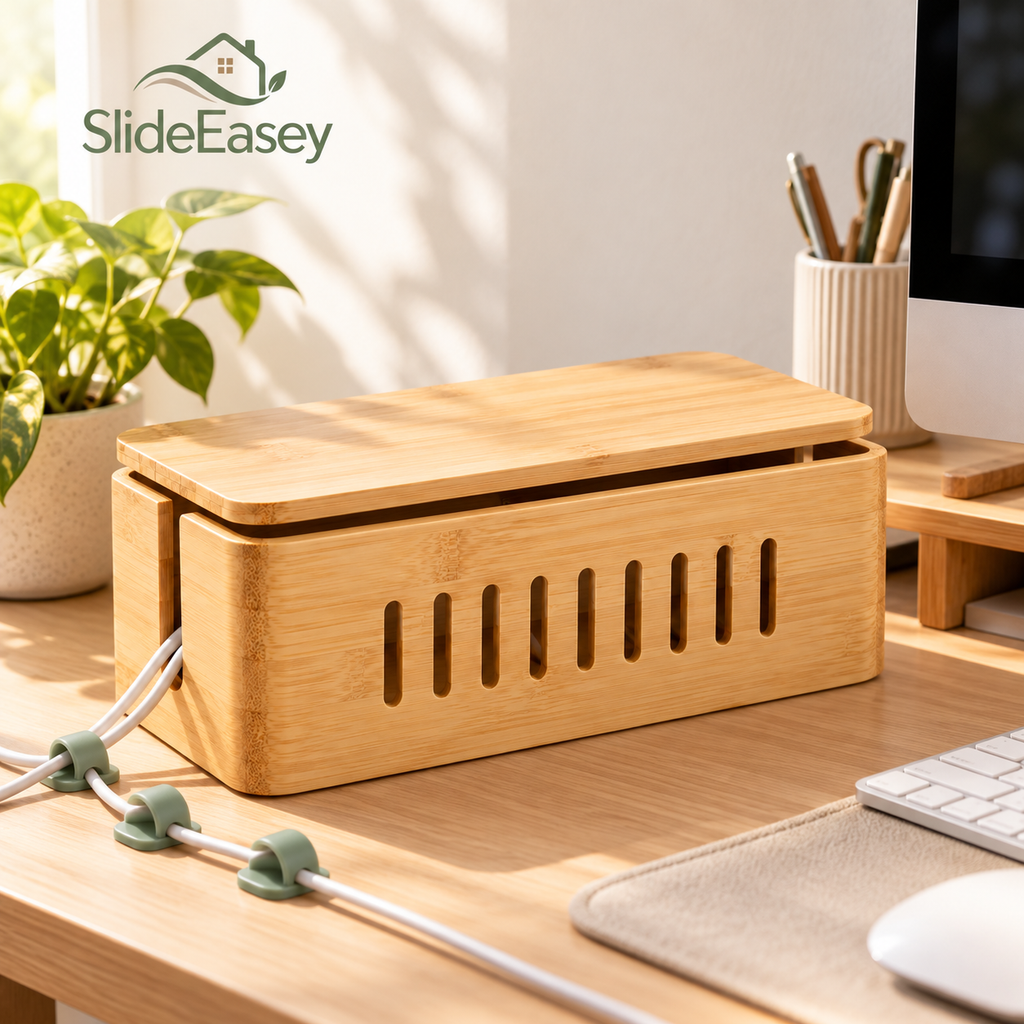 SlideEasey Bamboo Cable Management Box & Desk Organizer Set — product view 1