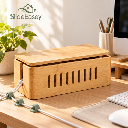 SlideEasey Bamboo Cable Management Box & Desk Organizer Set — product view 1