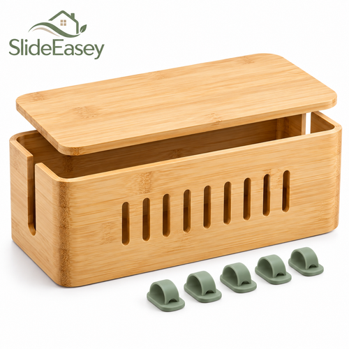 SlideEasey Bamboo Cable Management Box & Desk Organizer Set on white background