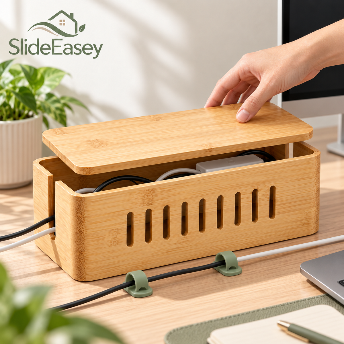 SlideEasey Bamboo Cable Management Box & Desk Organizer Set — product view 3