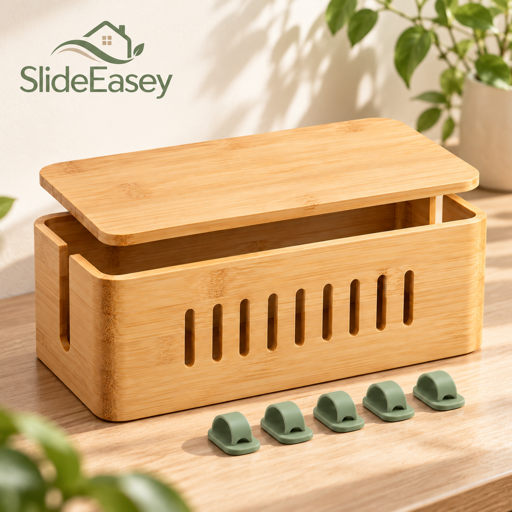 SlideEasey Bamboo Cable Management Box & Desk Organizer Set — complete product