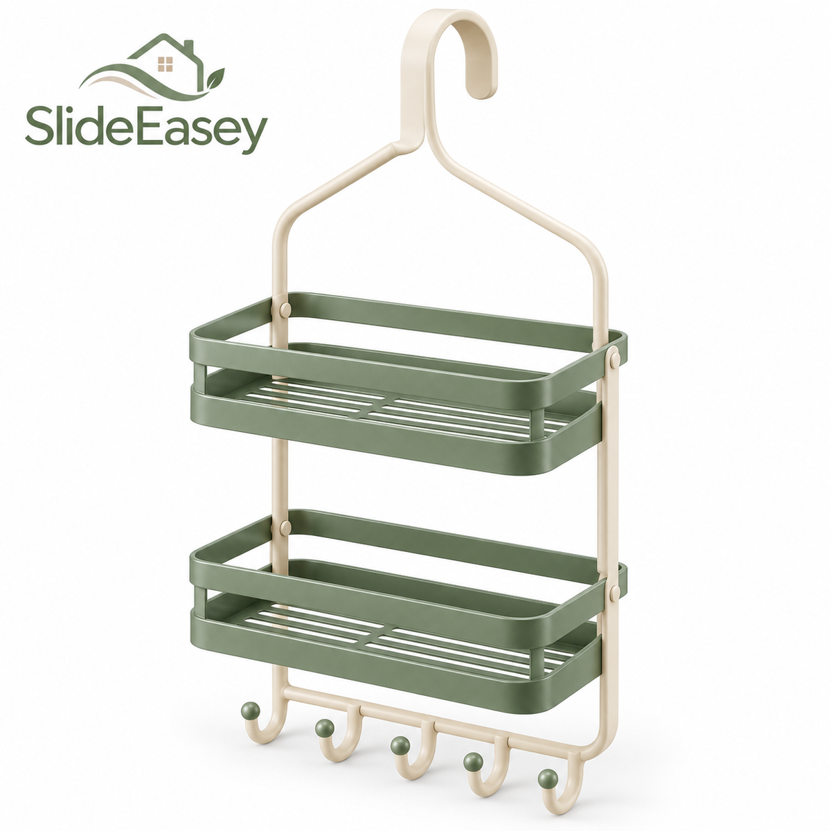 SlideEasey Hanging Shower Caddy with Storage Hooks on white background