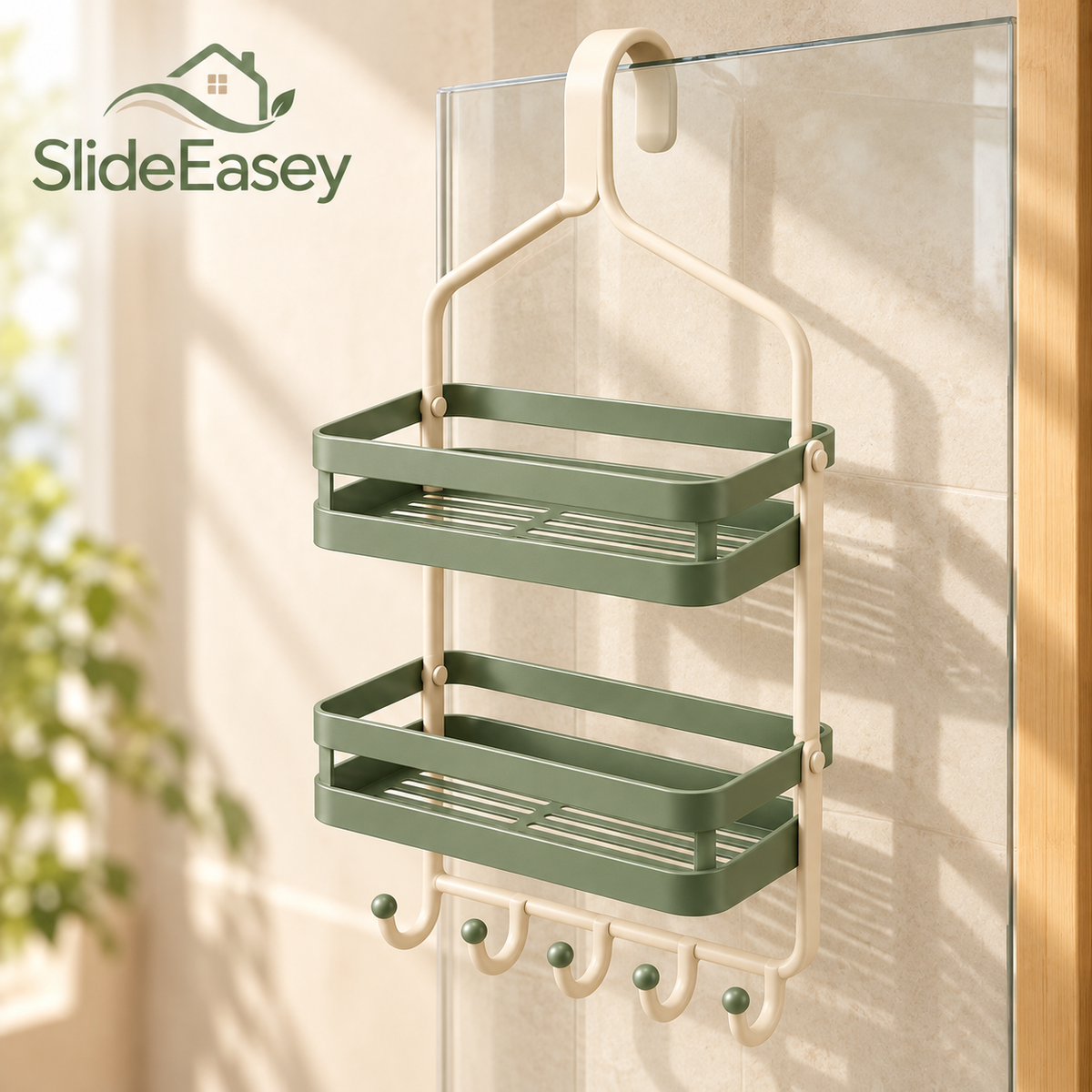SlideEasey Hanging Shower Caddy with Storage Hooks — complete product