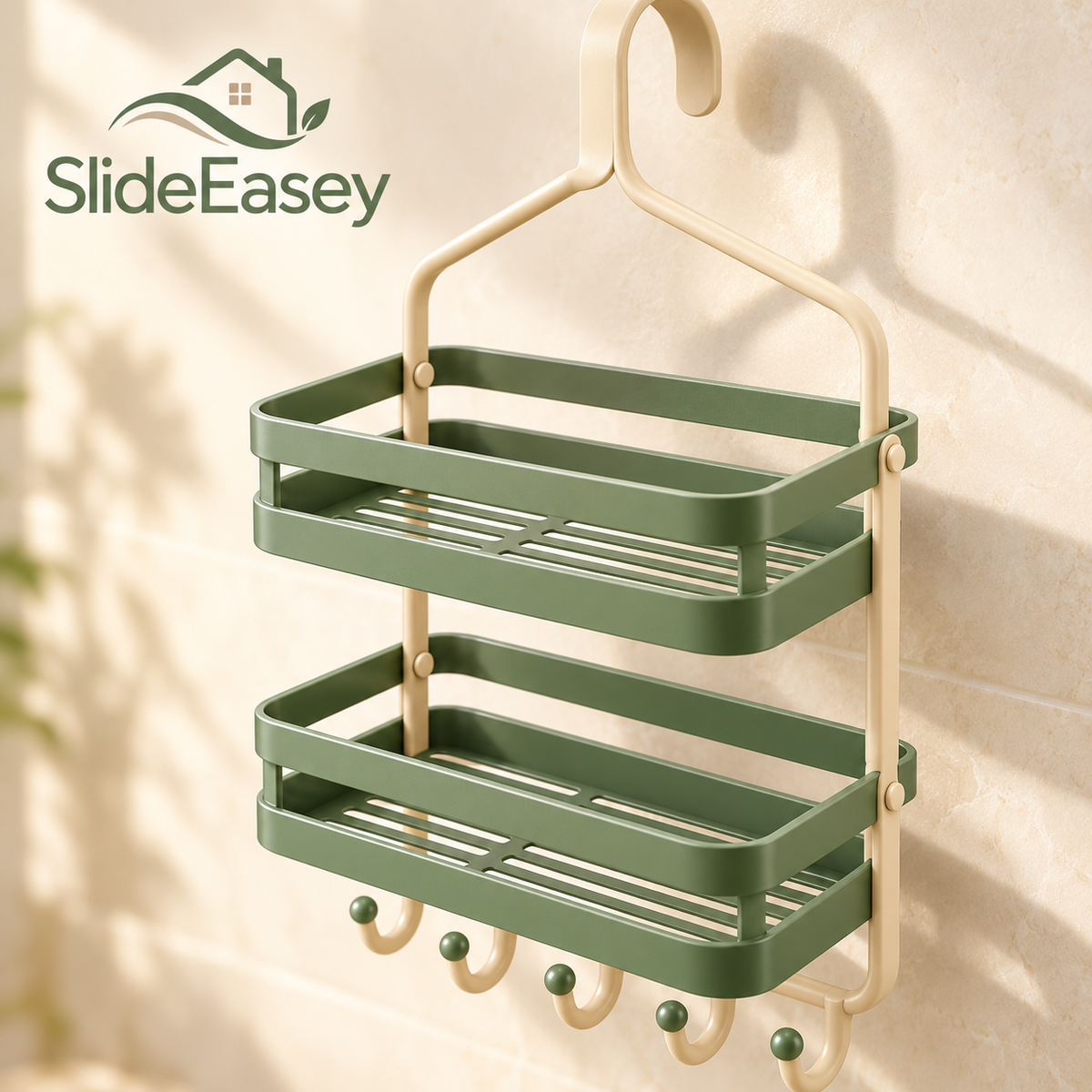 SlideEasey Hanging Shower Caddy with Storage Hooks — close-up detail