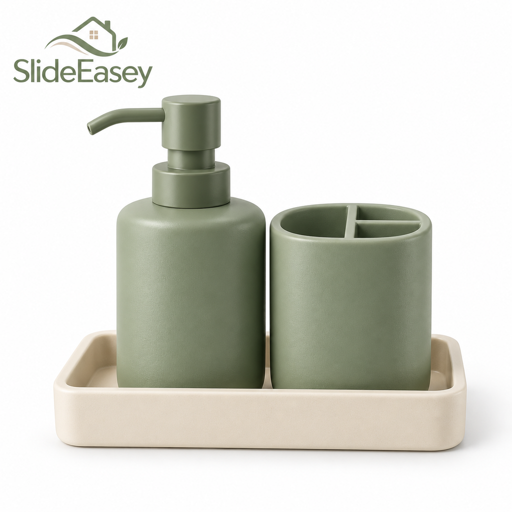 SlideEasey Bathroom Countertop Organizer Set with Soap Pump on white background