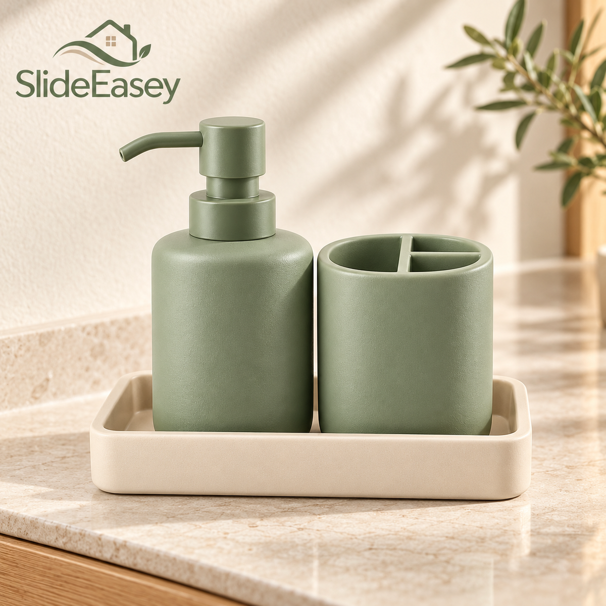 SlideEasey Bathroom Countertop Organizer Set with Soap Pump — complete product