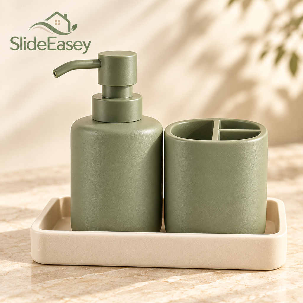 SlideEasey Bathroom Countertop Organizer Set with Soap Pump — close-up detail