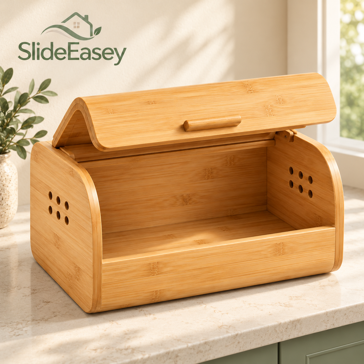 SlideEasey Bamboo Countertop Bread Storage Box — complete product