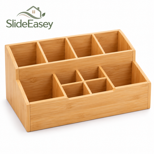 SlideEasey Bamboo Countertop Coffee Station Organizer on white background
