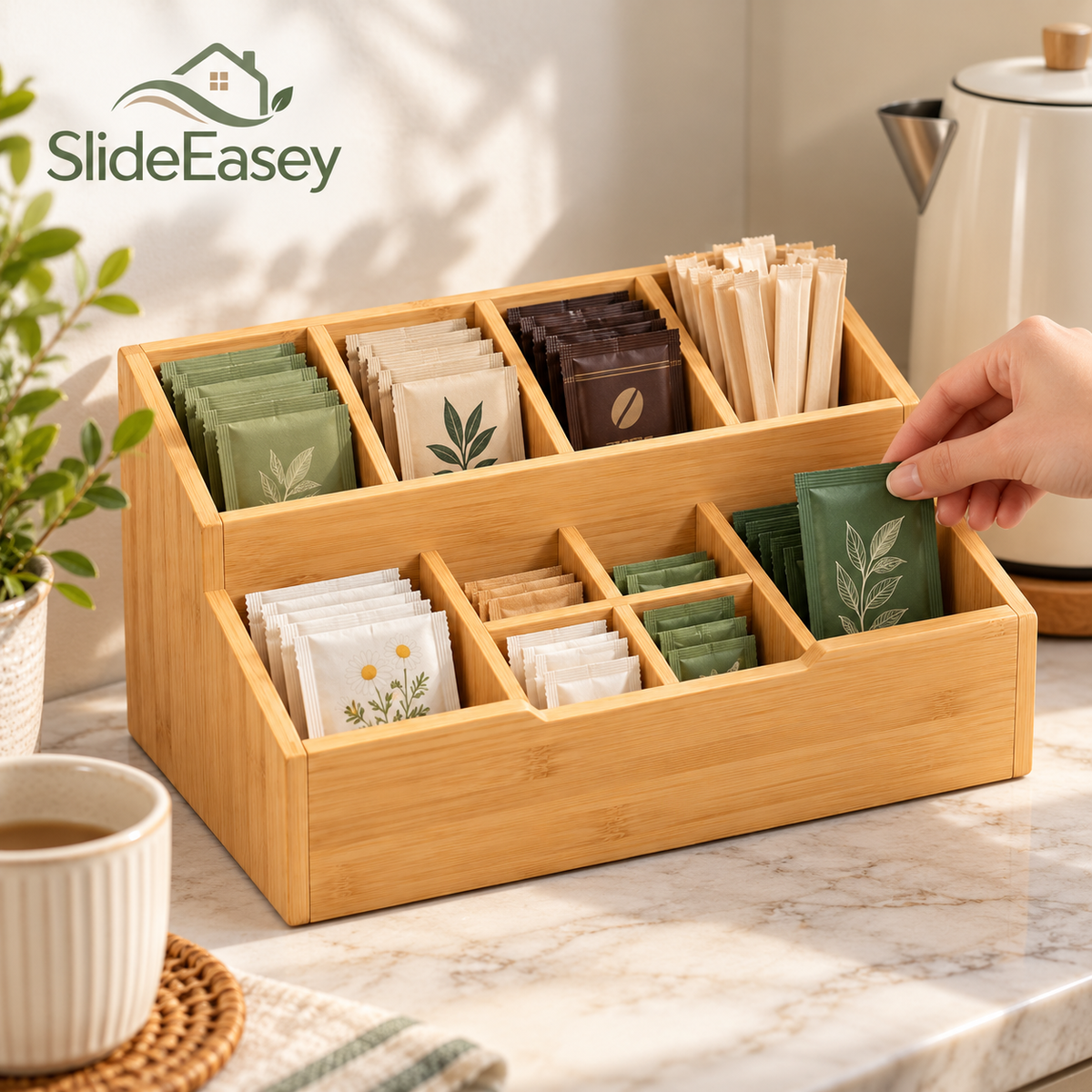 SlideEasey Bamboo Countertop Coffee Station Organizer — product view 3