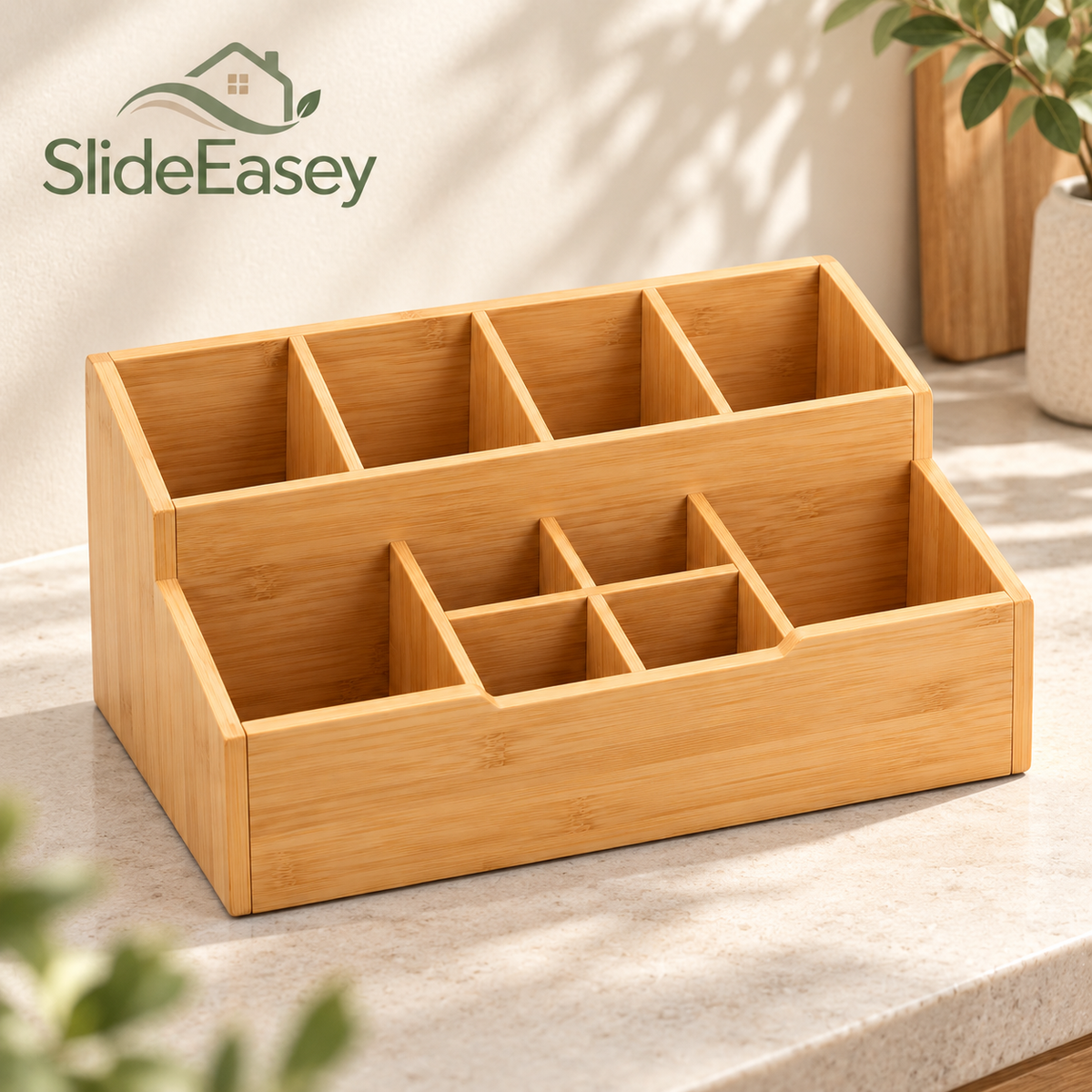 SlideEasey Bamboo Countertop Coffee Station Organizer — complete product