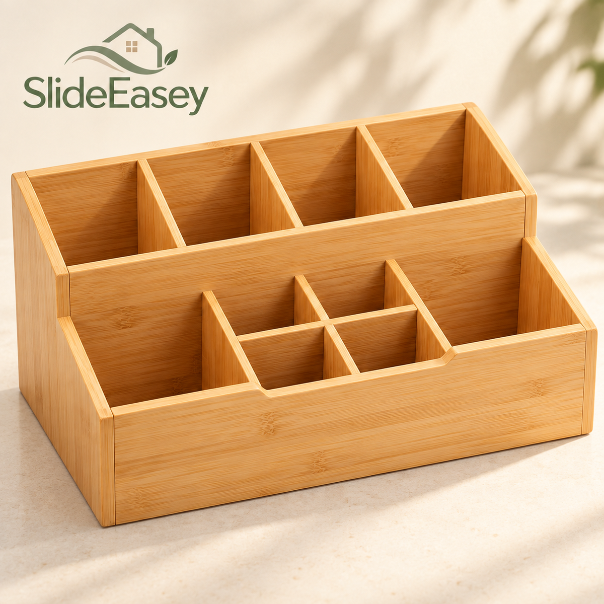 SlideEasey Bamboo Countertop Coffee Station Organizer — close-up detail